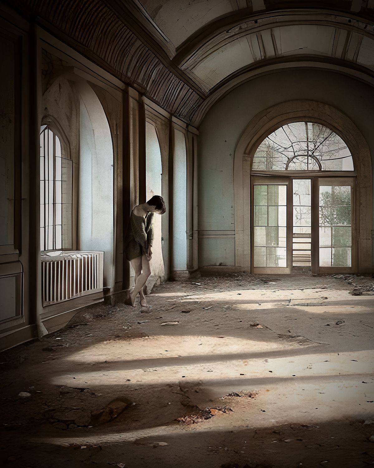 photo tarot Lost Alone, femme solitaire contre un mur dans ruines pastel, regard au sol sous une lumière douce