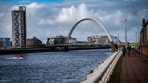 Cityscapes, architecture, stone, building, gothic, Clyde, Glasgow, Scotland, United Kingdom, UK, arch, bridge, walkway, path, urban