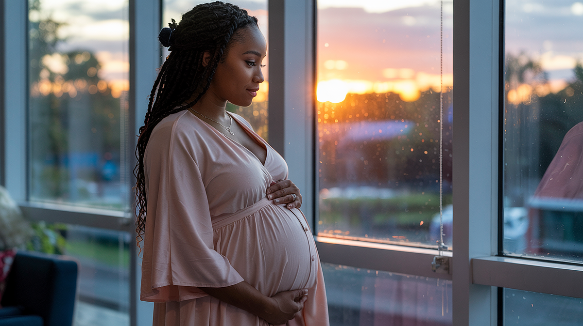 Pregnant woman posing in natural light with a flowing maternity gown.