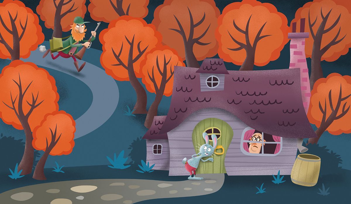 kleurrijke kinderboek illustratie van een jager die een konijn achterna zit in het grote bos