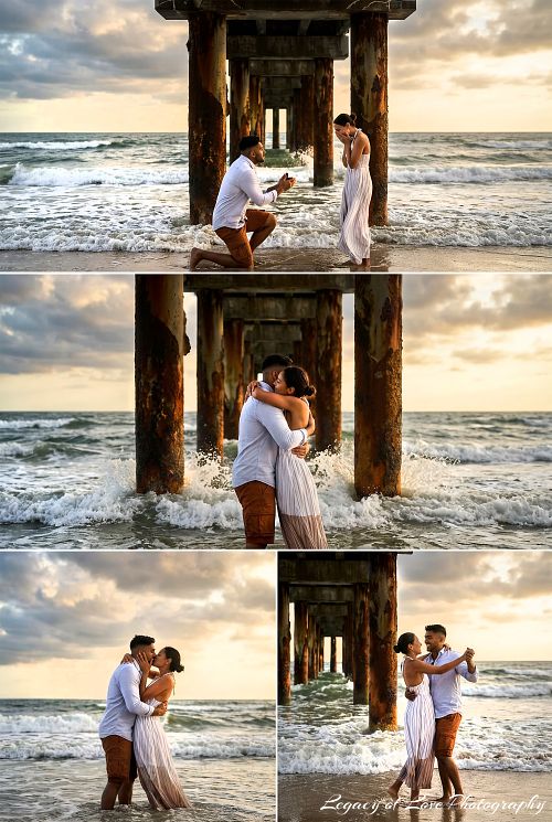 A series of fine art photos showing a surprise marriage proposal under a pier in North East Florida.