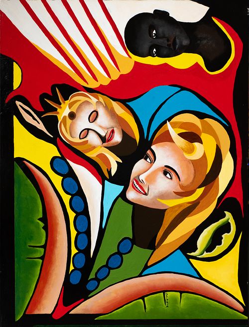 Peinture abstraite Black Angel de Patrice Goubeau avec trois visages stylisés : un sombre, deux clairs, sur un fond vibrant de formes rouges, bleues et vertes.