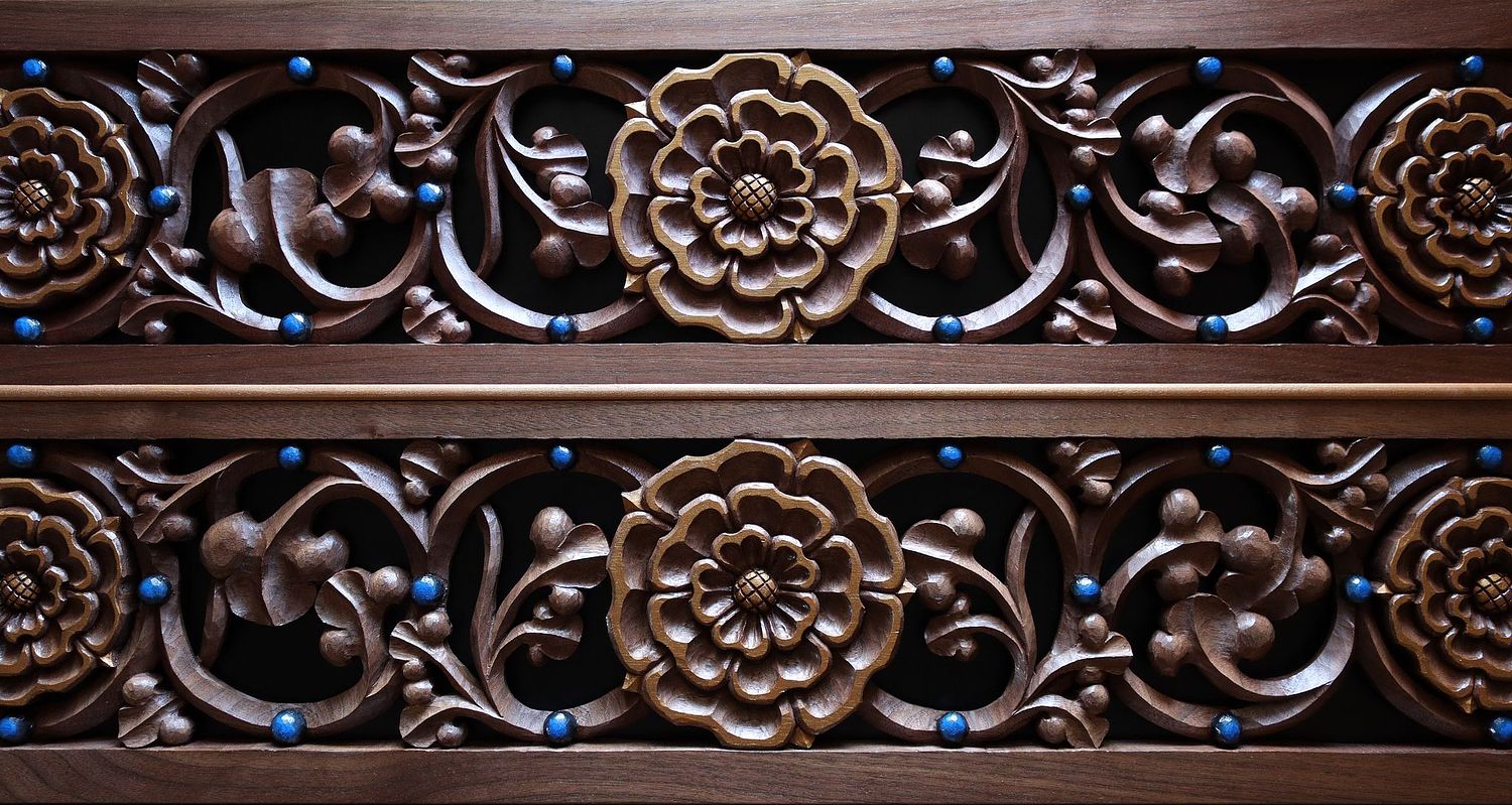 wood carving of roses vines and beads for gradines on the high altar at St. Bernadette Catholic Church in Lancaster, Ohio