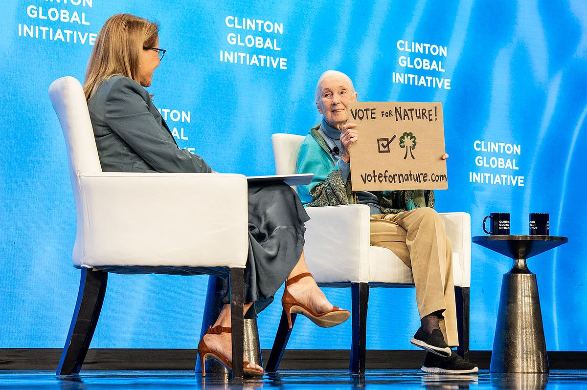 Corporate event photography capturing a globally recognized environmental advocate holding a “Vote for Nature” sign during a keynote session at the Clinton Global Initiative 2024 in New York City, emphasizing leadership, advocacy, and collective impact.