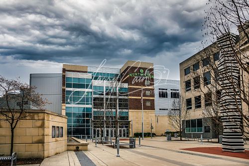 Exterior view of the Huntington Center arena in downtown Toledo, Ohio, showing the memorial to Art Tatum.