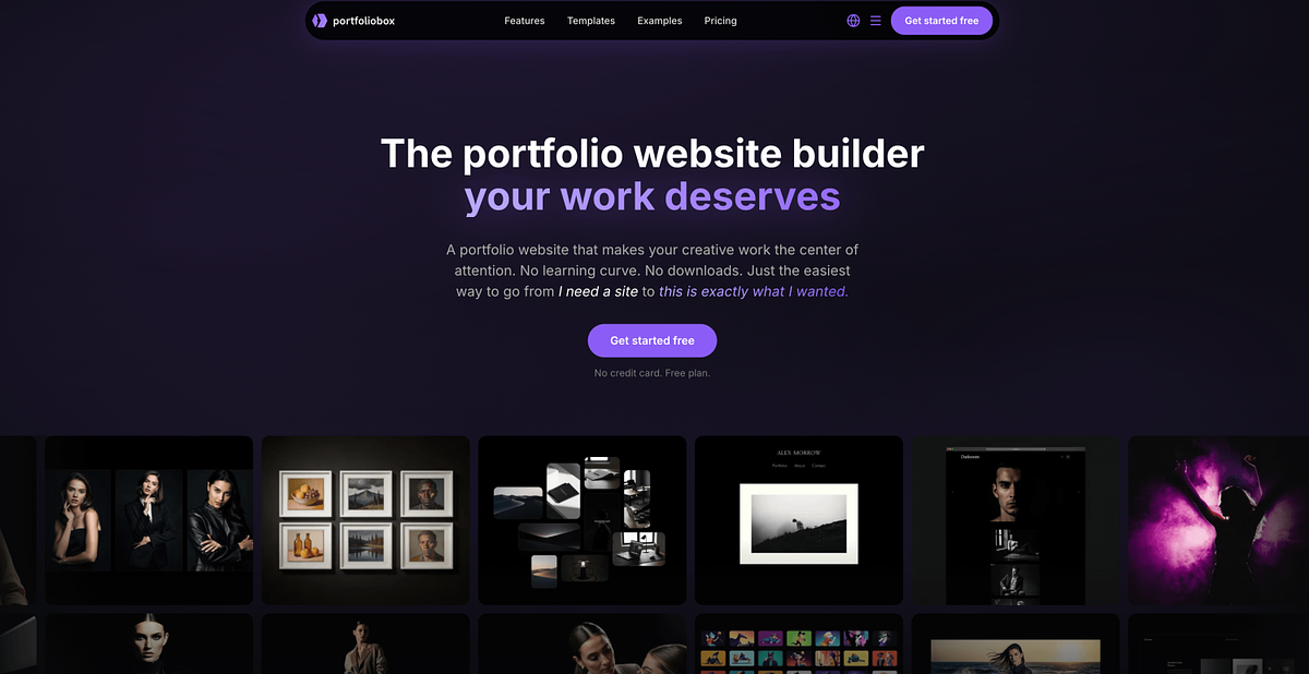Portfoliobox homepage showing lightweight portfolio website builder for students and beginners