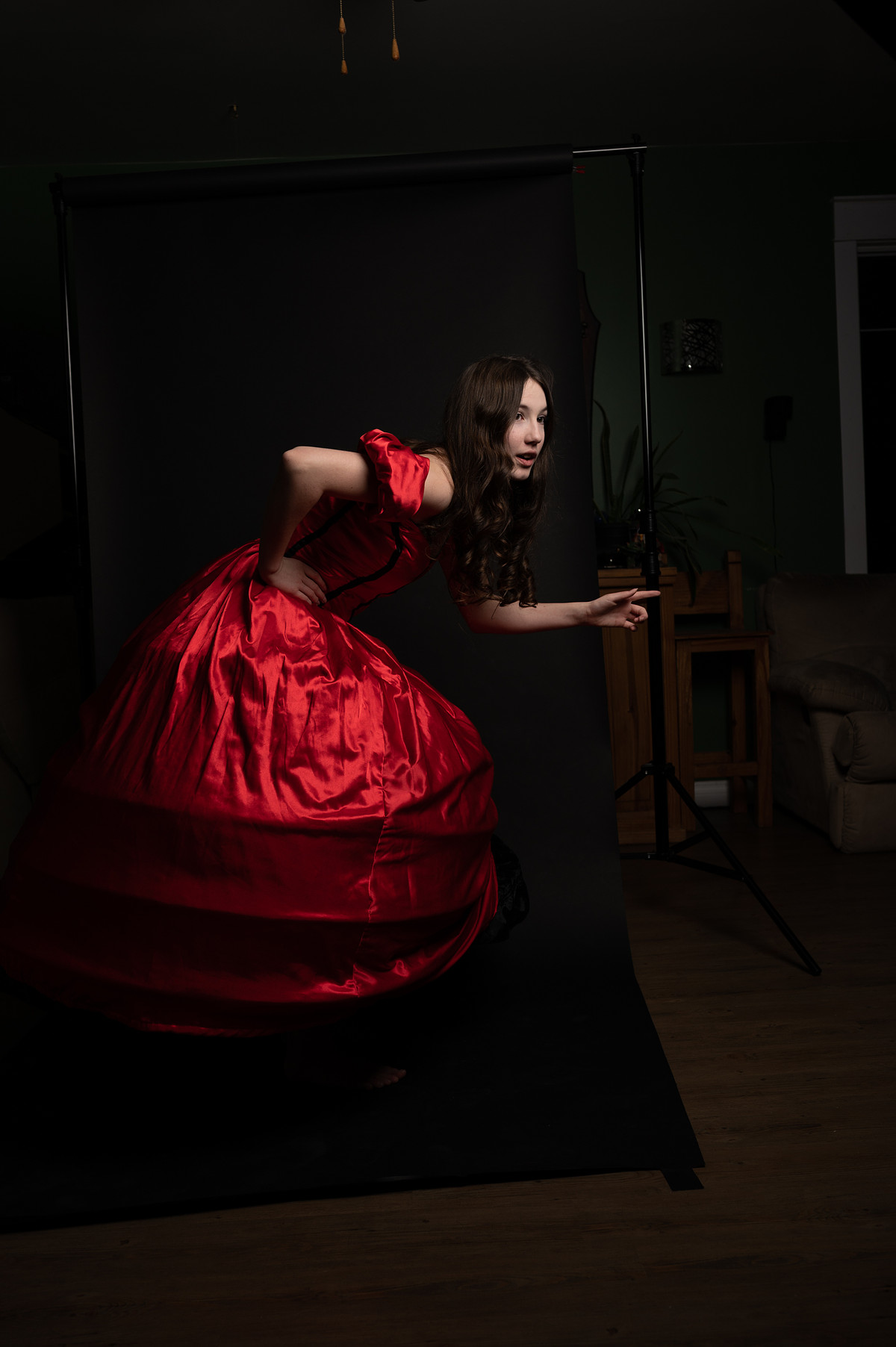 Unedited portrait of my daughter in the red dress for the Mushroom World Fantasy Portrait.