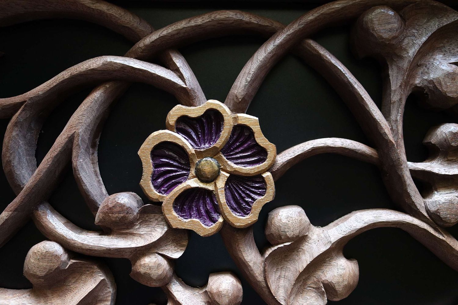hand-carved and hand-painted hollyhock flower for shrine to St. Joseph by Wes and Kelly Baker