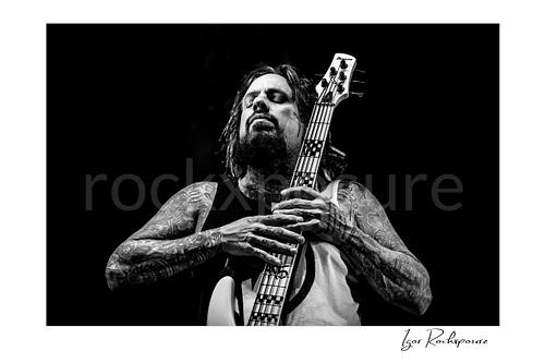 Horizontal black and white image of Korn bassist Fieldy holding his bass guitar against his chest in a close live performance portrait