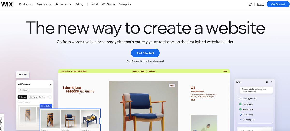 Wix homepage showing AI-assisted website builder with template variety for creators