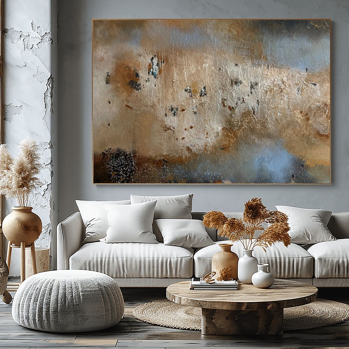 Muted blue and silver metallic abstract artwork in a sun-drenched coastal villa setting, perfect for luxury beach houses in Goa or Dubai