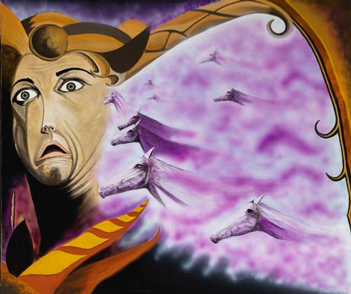 Une peinture surréaliste Labyrinth of the fear Labyrinthe de la peur de Patrice Goubeau montrant le visage d'une personne avec une expression effrayée. Ses cheveux se fondent dans une formation de nuages violets tourbillonnants d'où émergent de multiples visages et figures. L'œuvre est vibrante et imaginative.