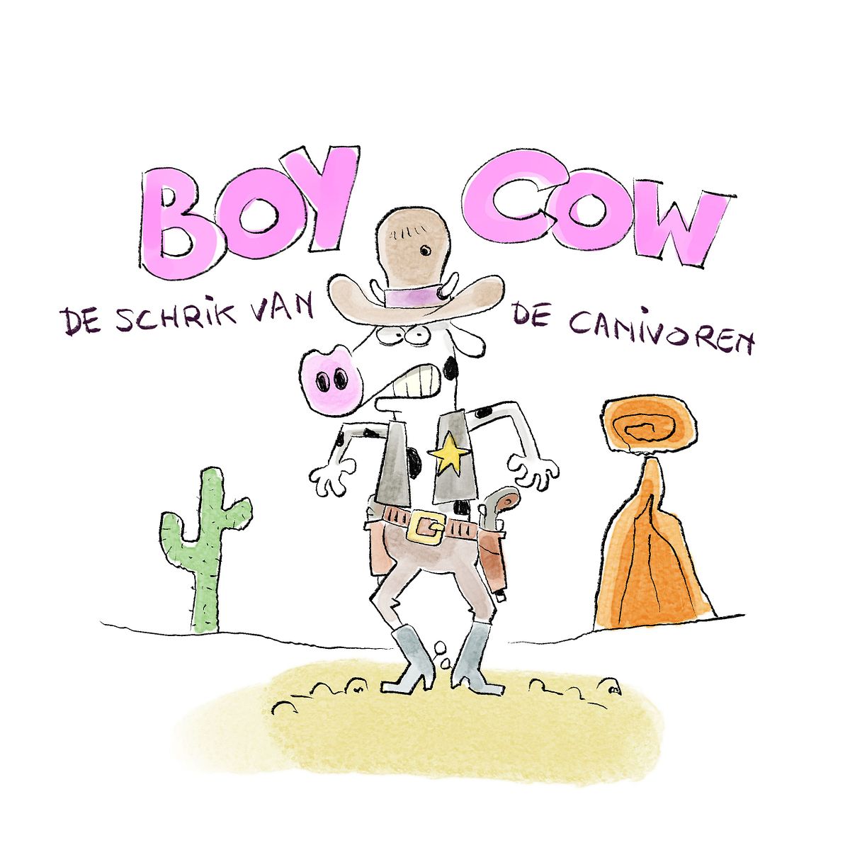 cartoon van een koe als cowboy verkleed. Woordspelling 'Boy Cow'