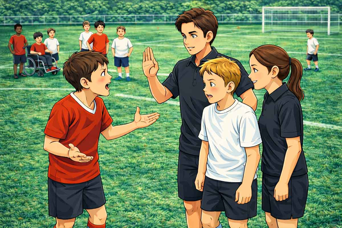 Ein Trainer steht zwischen zwei Kindern, hebt die Hand zur Unterbrechung und spricht ruhig mit ihnen, während ein Kind emotional reagiert und andere Spieler im Hintergrund beobachten.