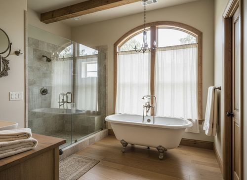 Professional real estate photography of a luxury master bath with a clawfoot tub and arched window in Gainesville FL by PrimePropertyPhoto.
