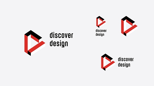 Layout showing the four variations of the Discover Design logo: primary horizontal, alternative horizontal, vertical, and icon-only.