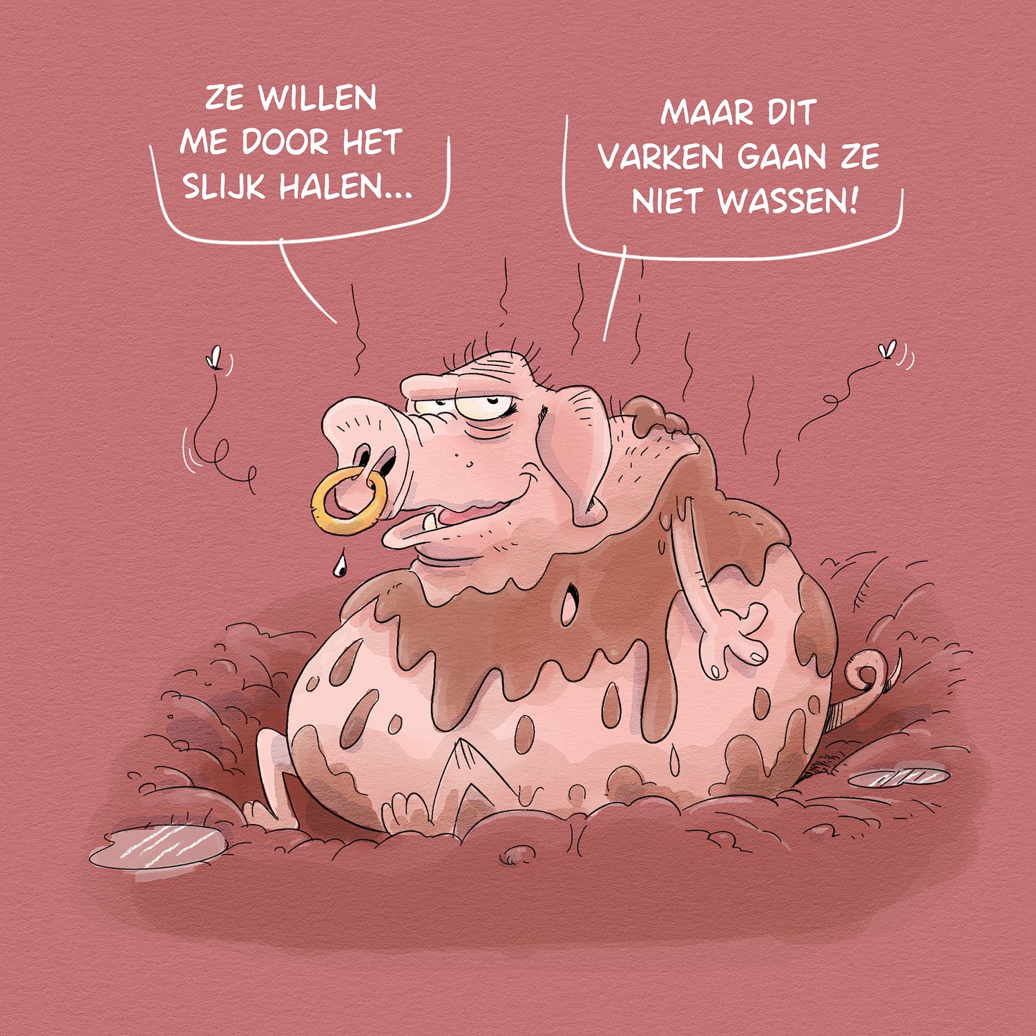 cartoon met een dik varkentje in een modderbad