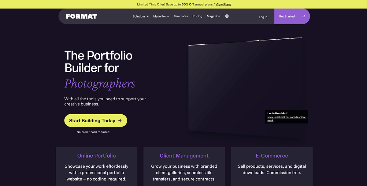 Format homepage showing photographer-built portfolio website builder with client proofing