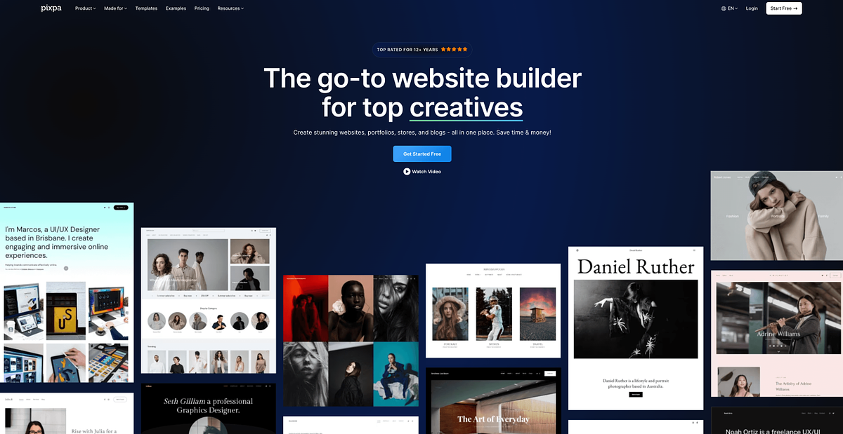 Pixpa homepage showing all-in-one website builder for photographers, artists, and creative professionals