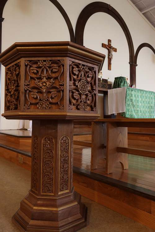 finished hand-carved font in context at St. Bernadette Catholic Church in Lancaster, Ohio