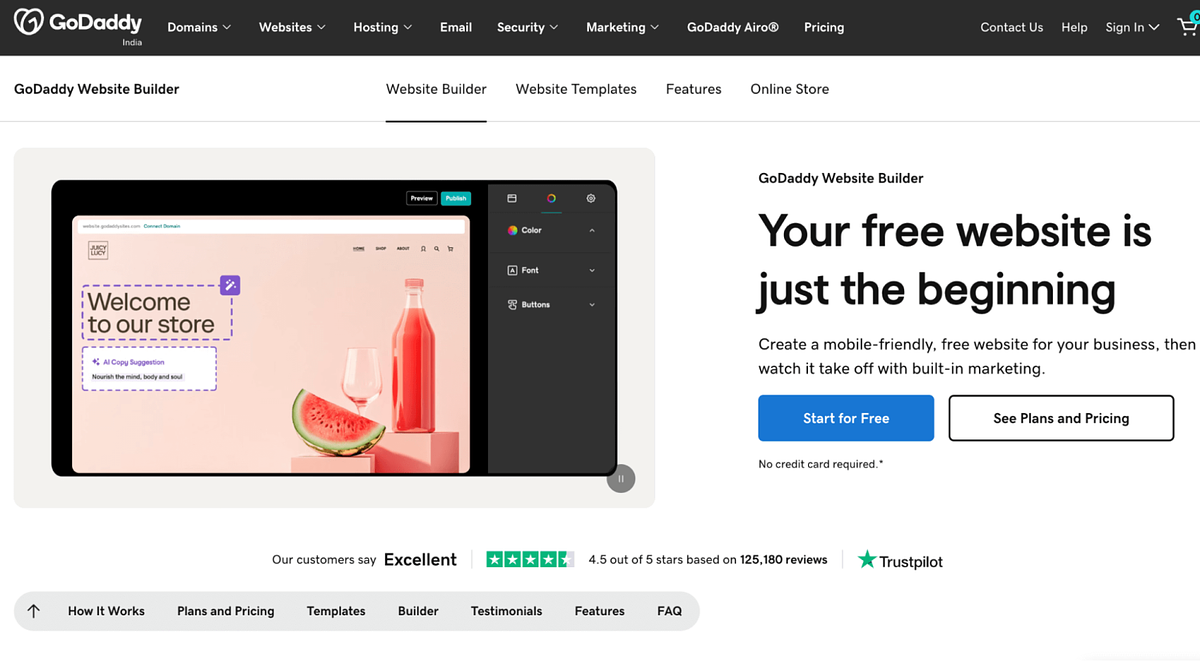 GoDaddy website builder homepage