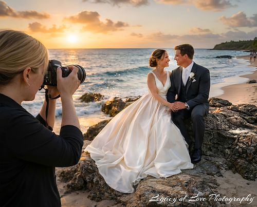 Behind the scenes of a wedding photographer capturing a bride and groom at sunset in St. Augustine by Legacy of Love Photography.