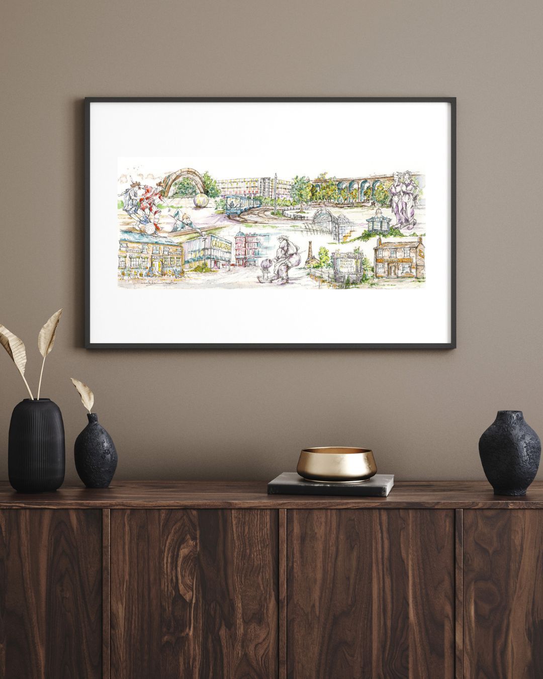 A framed Watercolour and pen illustration of the city of Sheffield in England, UK.
