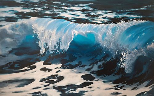 Photorealistic acrylic painting of a blue wave with sunlit white foam and transparent water tones.