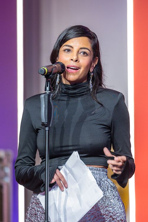Collien Ulmen-Fernandes addresses the audience at Bundespresseball 2024 in Berlin&rsquo;s Adlon Hotel.