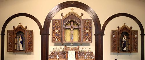 View of the three primary shrines in the sanctuary at St. Bernadette Catholic Church in Lancaster, Ohio