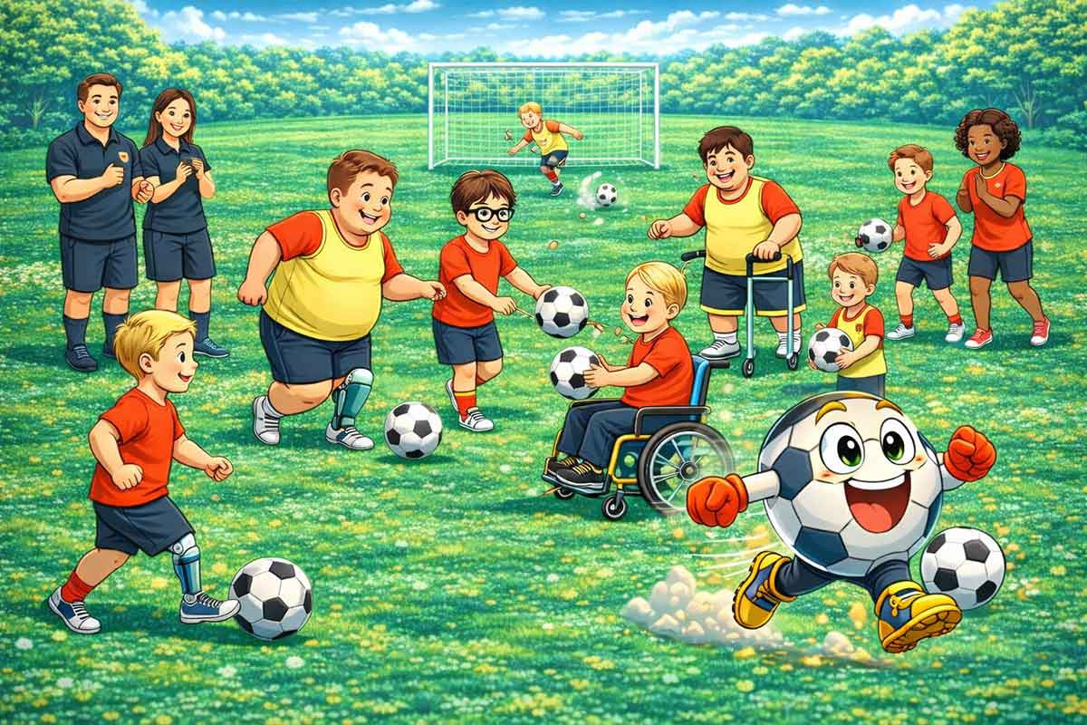 Eine gemischte Gruppe von Kindern trainiert gemeinsam mit mehreren Bällen, während Trainer im Hintergrund unterstützen – ein Beispiel für strukturiertes, aber flexibles inklusives Fußballtraining.