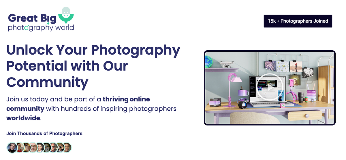 An online photography community advertisement titled 'Great big photography world'