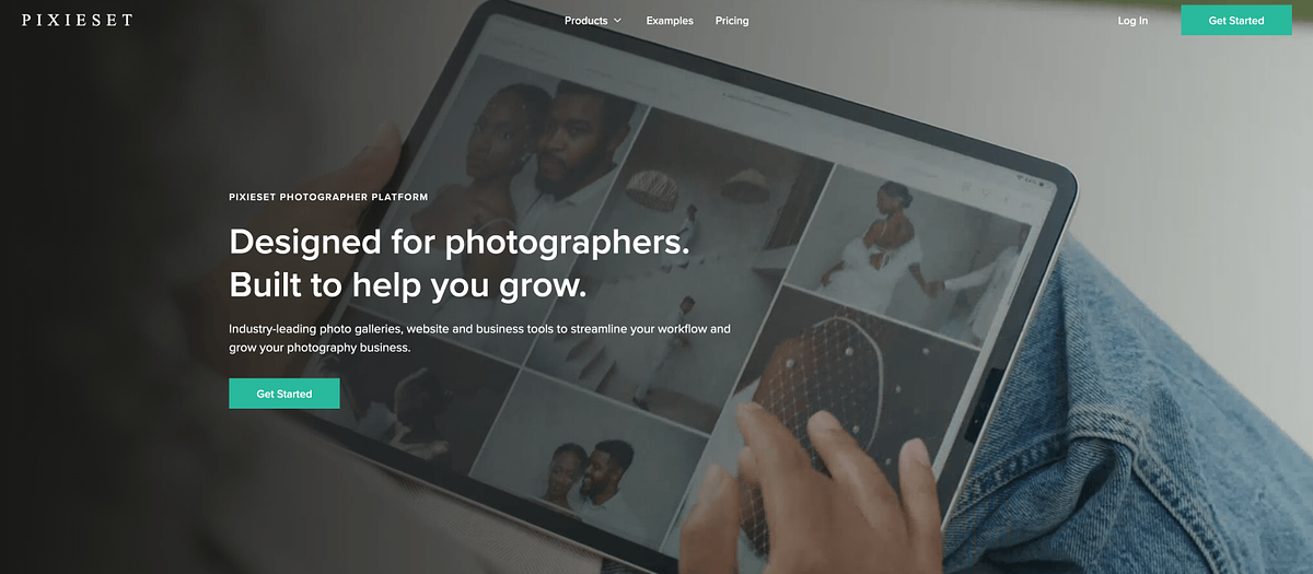 Pixieset homepage showing client gallery and website builder for wedding and portrait photographers