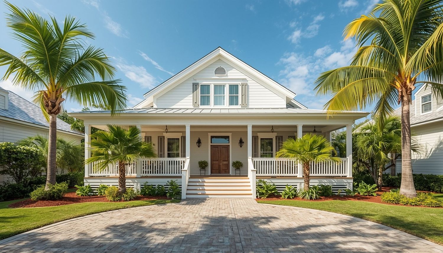 A bright, coastal-style white house with a wide front porch and wooden door, framed by tall palm trees and a paved driveway under a clear blue sky.