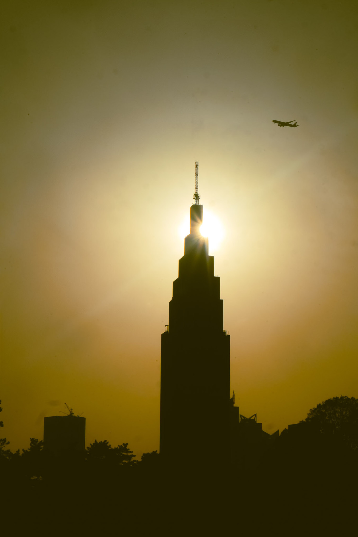 Tour NTT Docomo de Shinjuku à contre-jour au coucher du soleil, un avion passe au-dessus