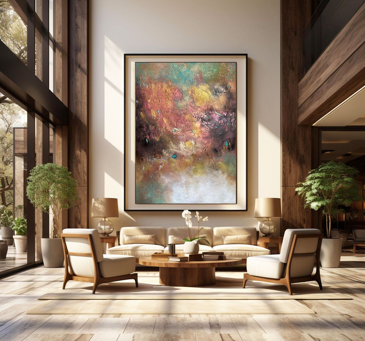 Large-scale abstract art installation in a 5-star hotel lobby setting, showcasing sophisticated hospitality design and professional scale