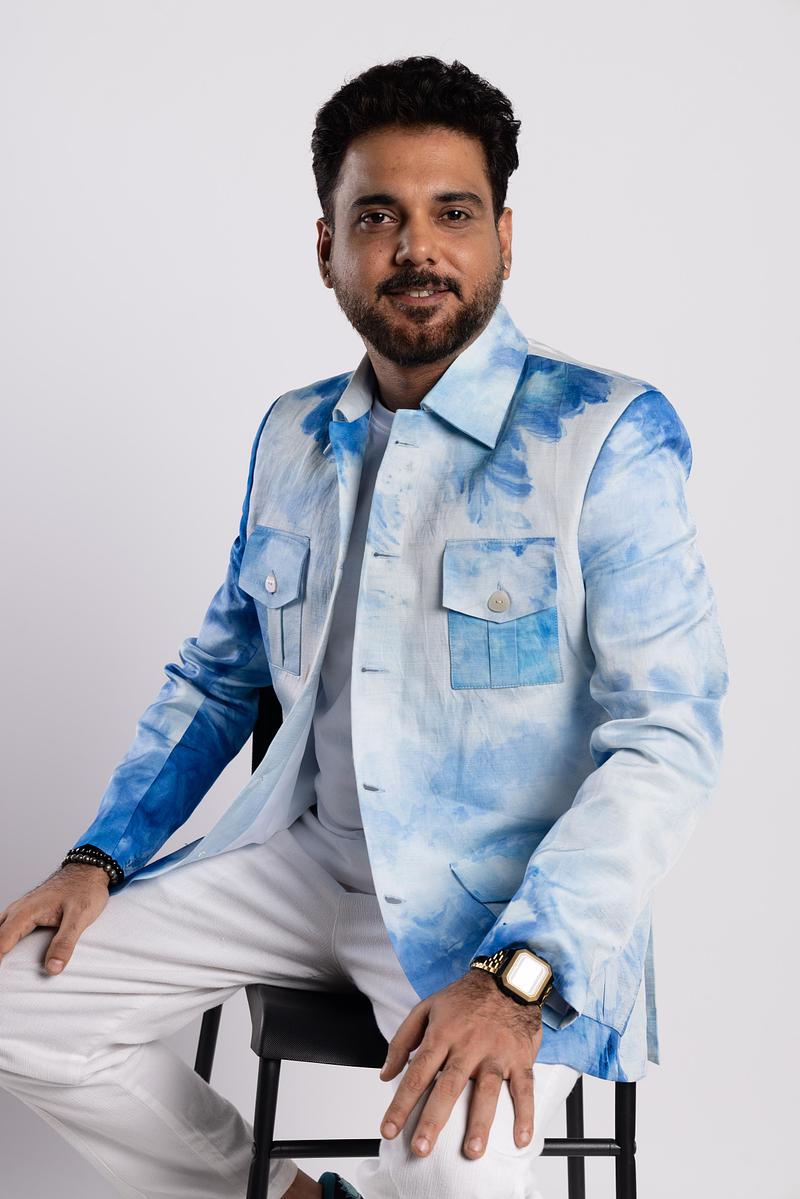 Linen Satin Safari Blazer - Summer Sky