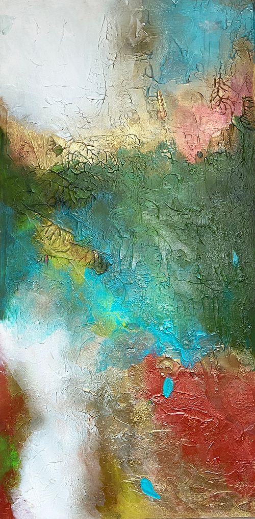 abstract painting blending emerald green with raw earth textures, perfect for tropical interior design projects and sustainable luxury villas