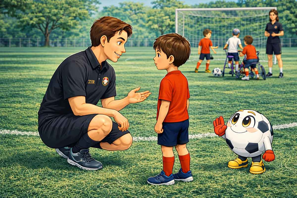 Ein Trainer kniet vor einem Kind und erklärt ruhig etwas, während im Hintergrund inklusives Fußballtraining mit weiteren Spielern stattfindet.