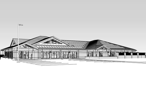 3D Revit architectural model of a corporate building showcasing roof design, facade detailing, and structural layout