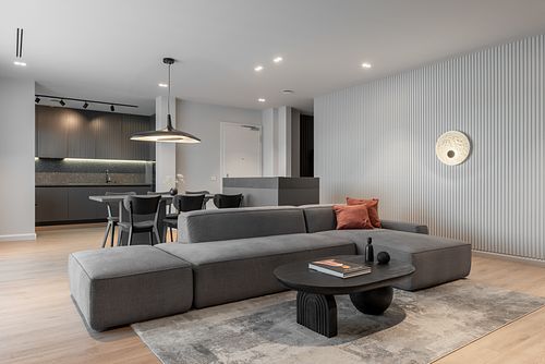 Wide-frame view of minimalist living room with breathable, open design &ndash; Columna project