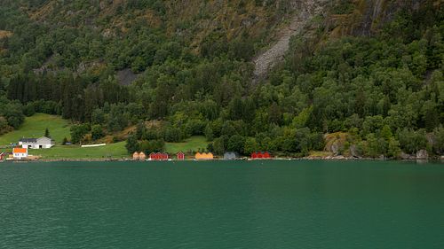Hangars à bateaux colorés au bord d’un fjord en Norvège, entourés de forêts et de montagnes en été.