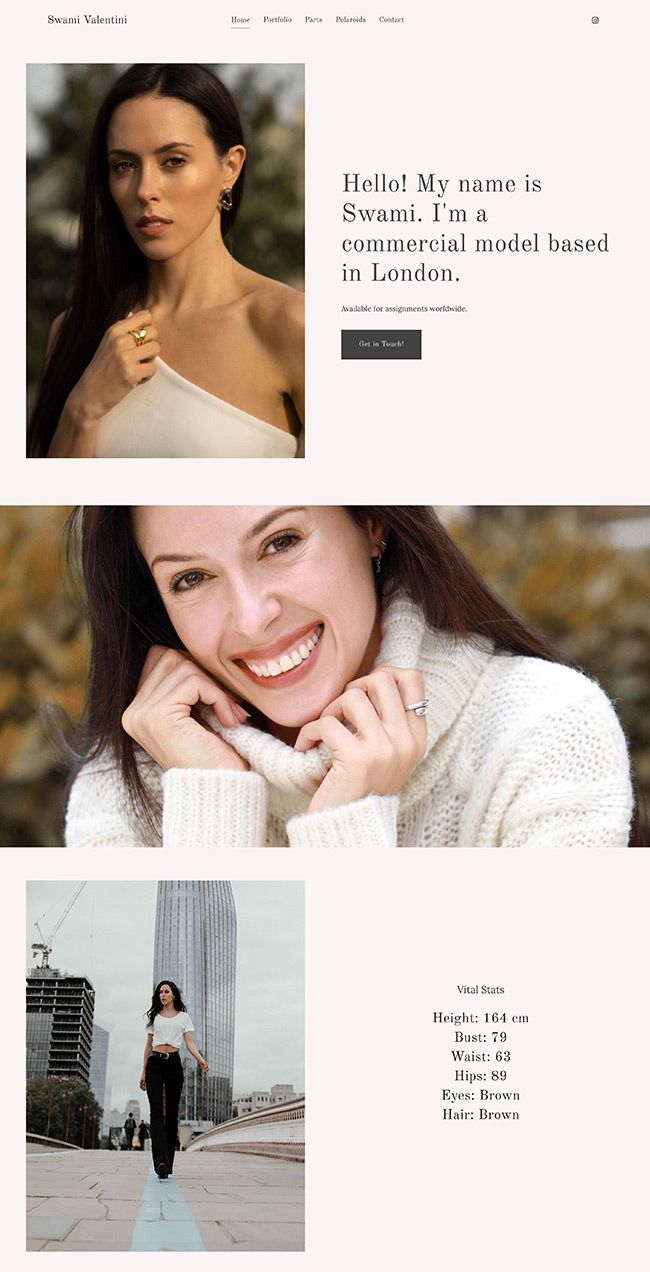 Site do portfólio de modelos comerciais de Swami Valentini