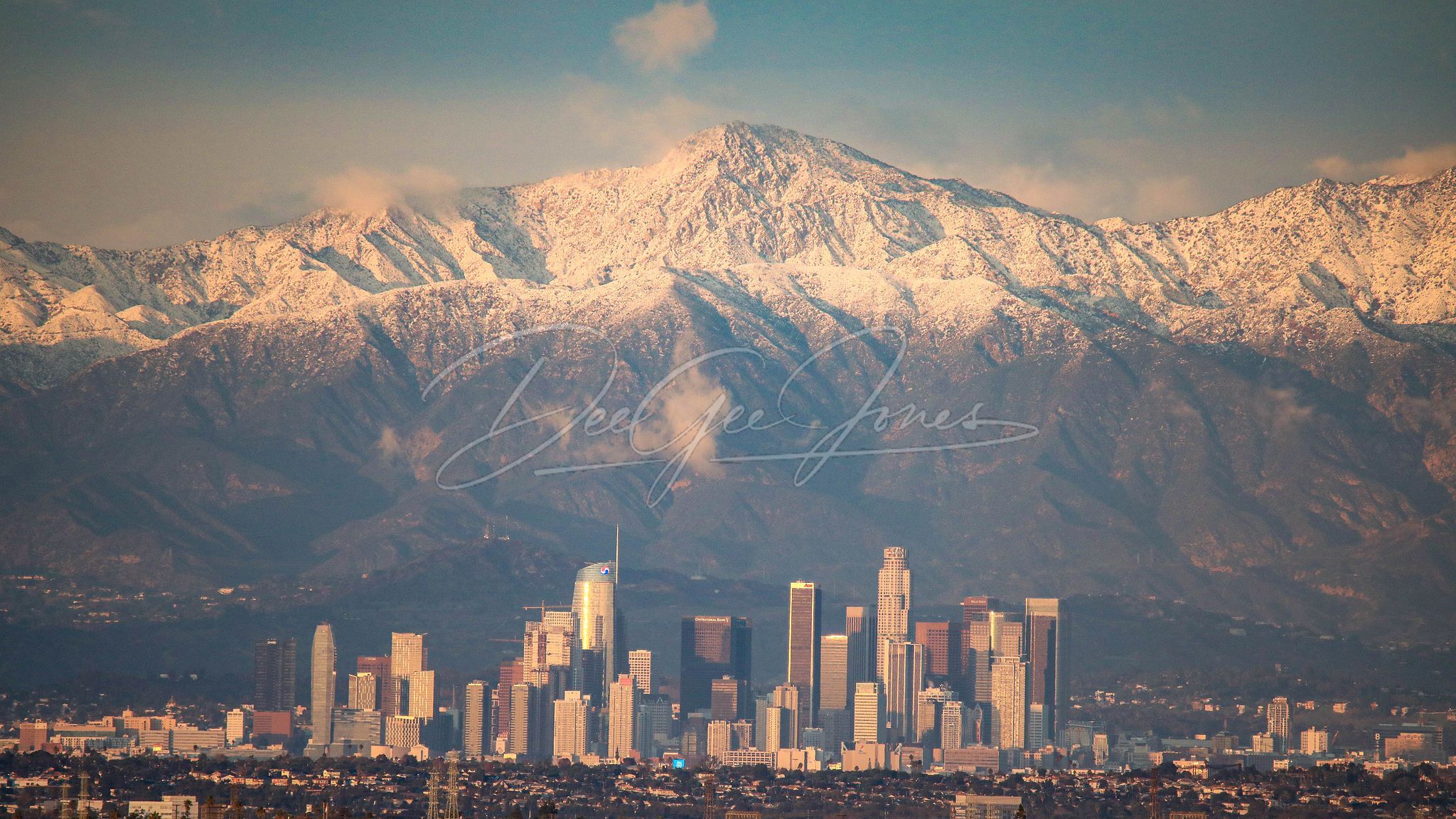 Downtown Los Angeles , Snow on Mountains